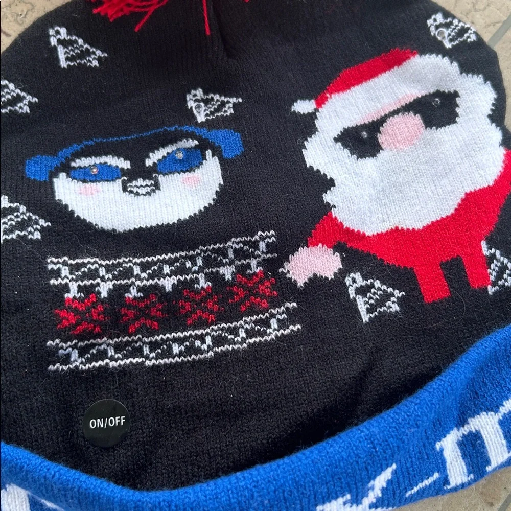 Cool X-mas Black Knit Pom Beanie with Red Pom. Lights up with On/Off button
